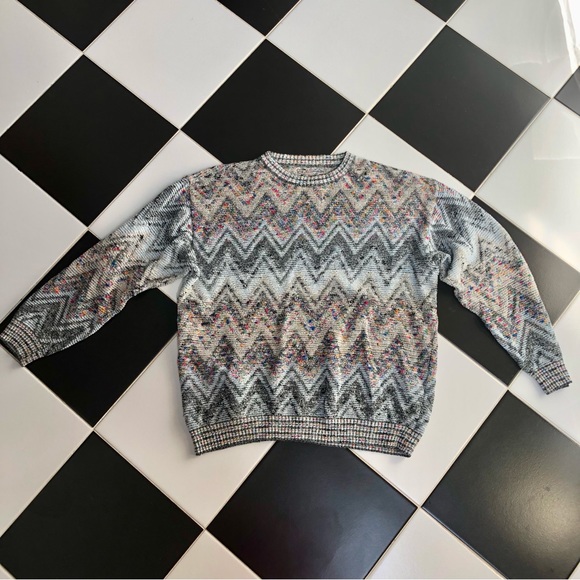 Vintage 80s Chunky Crochet Sweater Unisex Chevron Confetti Rainbow Colorful XL - Picture 1 of 9